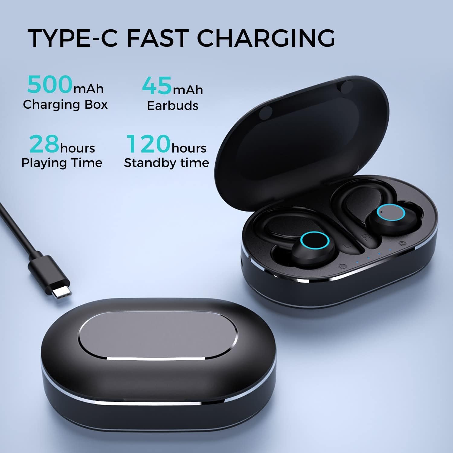 Earhook wireless exercise earplugs Bluetooth 5.1 earphones 28 hour playback time high fidelity stereo noise reduction
