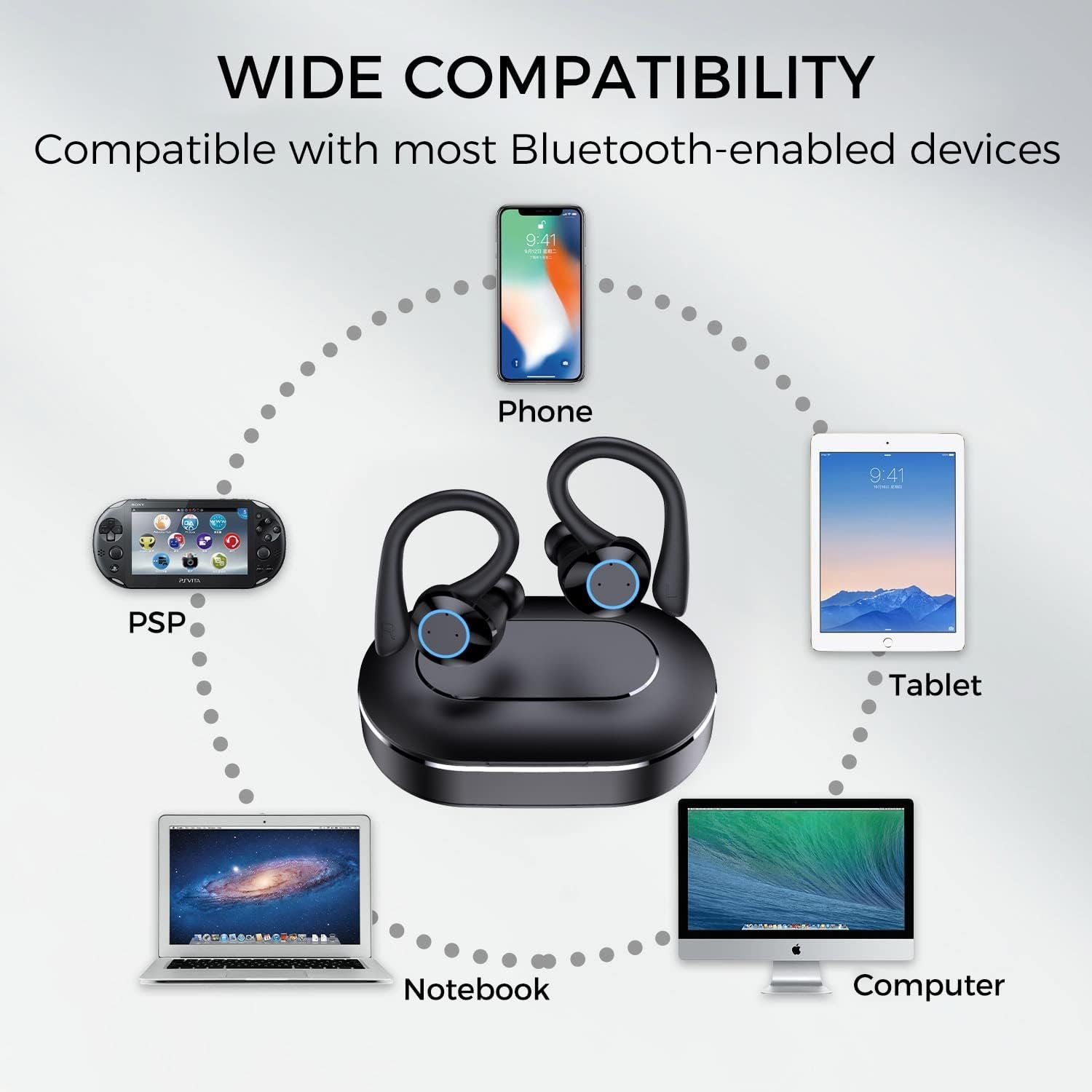 Earhook wireless exercise earplugs Bluetooth 5.1 earphones 28 hour playback time high fidelity stereo noise reduction