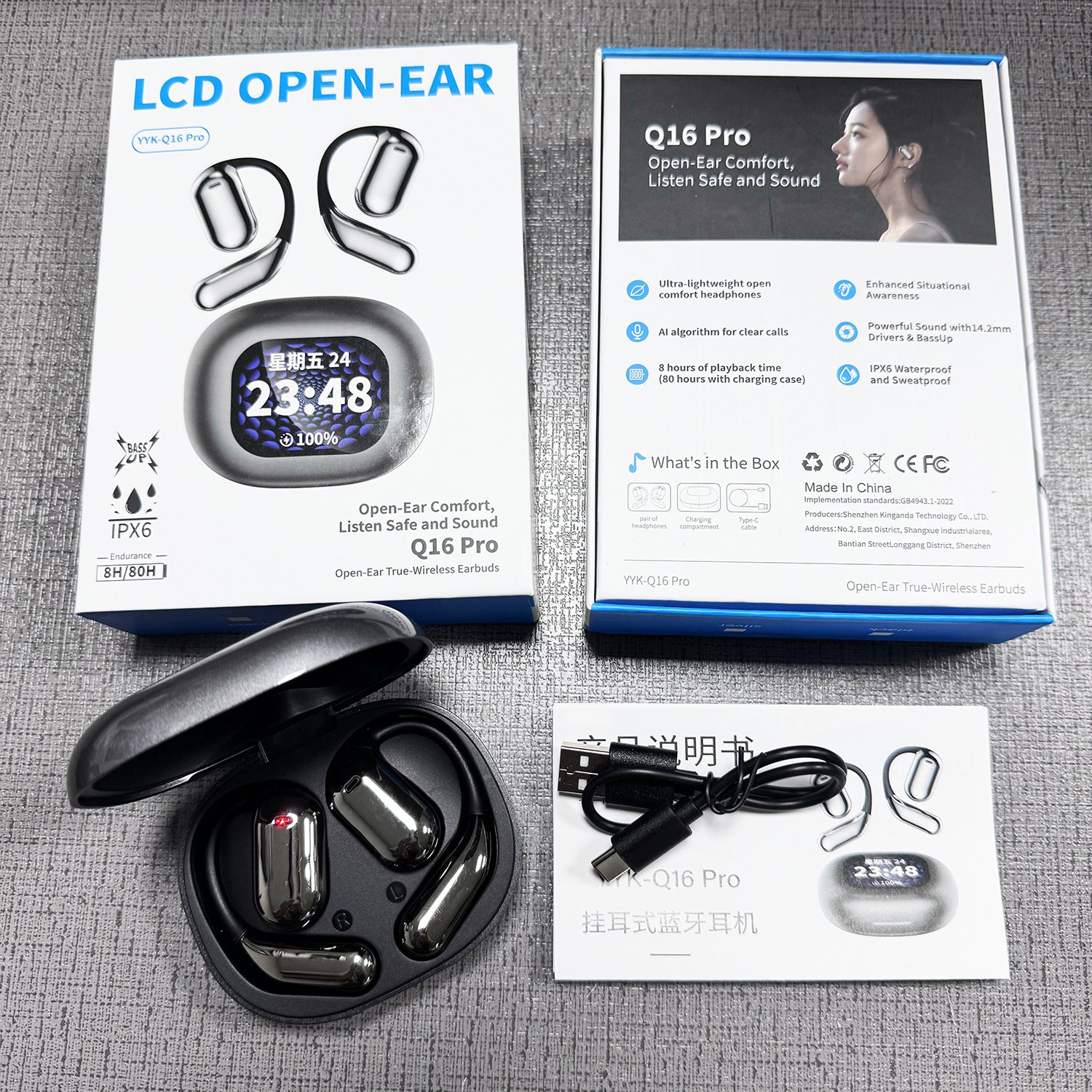 Q16pro Open Ear Earphone Sport Noise cancelling Over TWS Headphones OWS Ear hooks Q16 Pro Wireless Earbuds with LCD Touch Screen