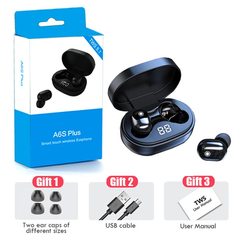 A6S Plus TWS Wireless wireless Headsets Earphones Stereo Headphones Sport Noise Cancelling Mini Earbuds for All Smart Phone