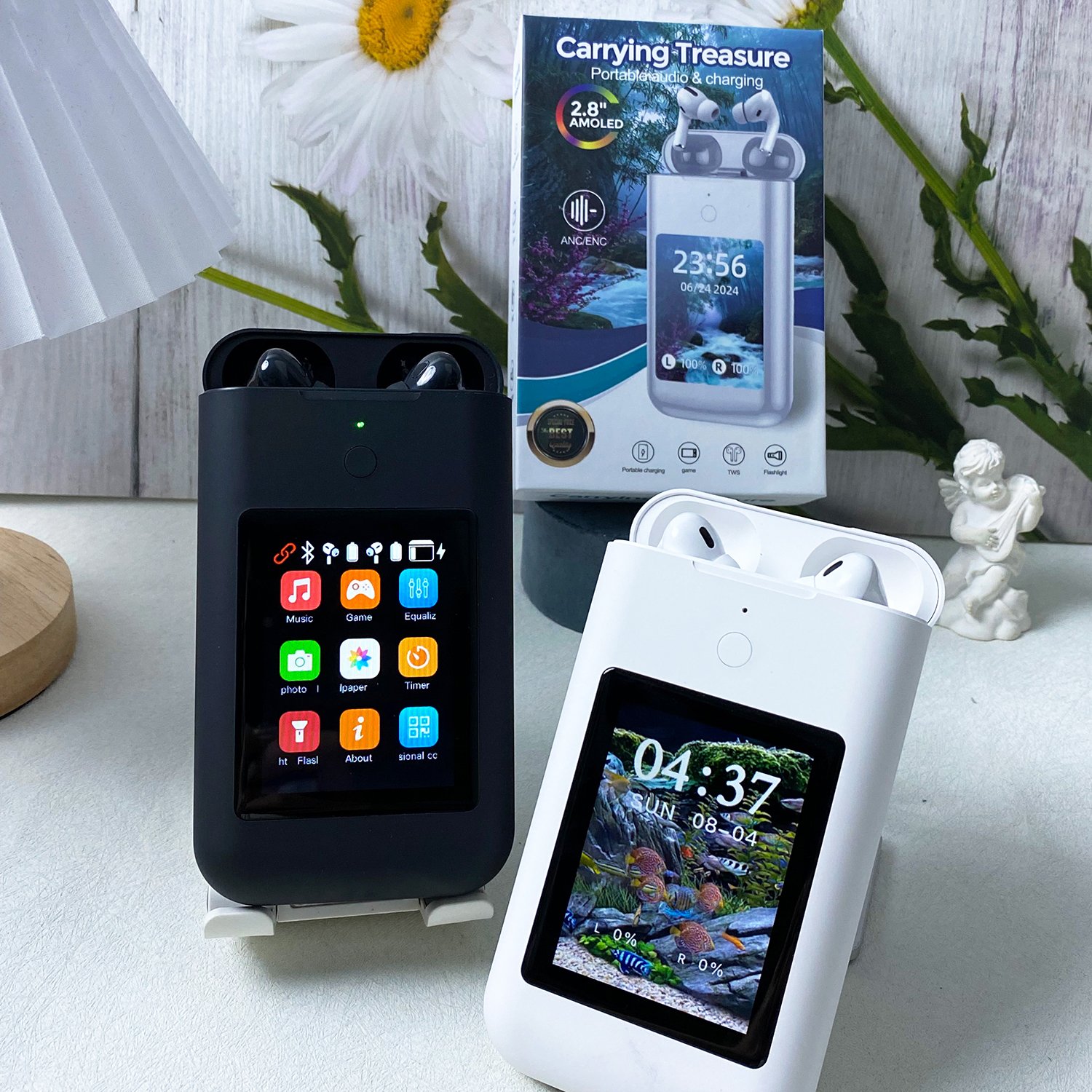 2.8'' Big Touch Screen ANC ENC Earbuds Noise cancelling BT Headphones TWS Gaming Wireless Earphones with 8000mAh Charging Box