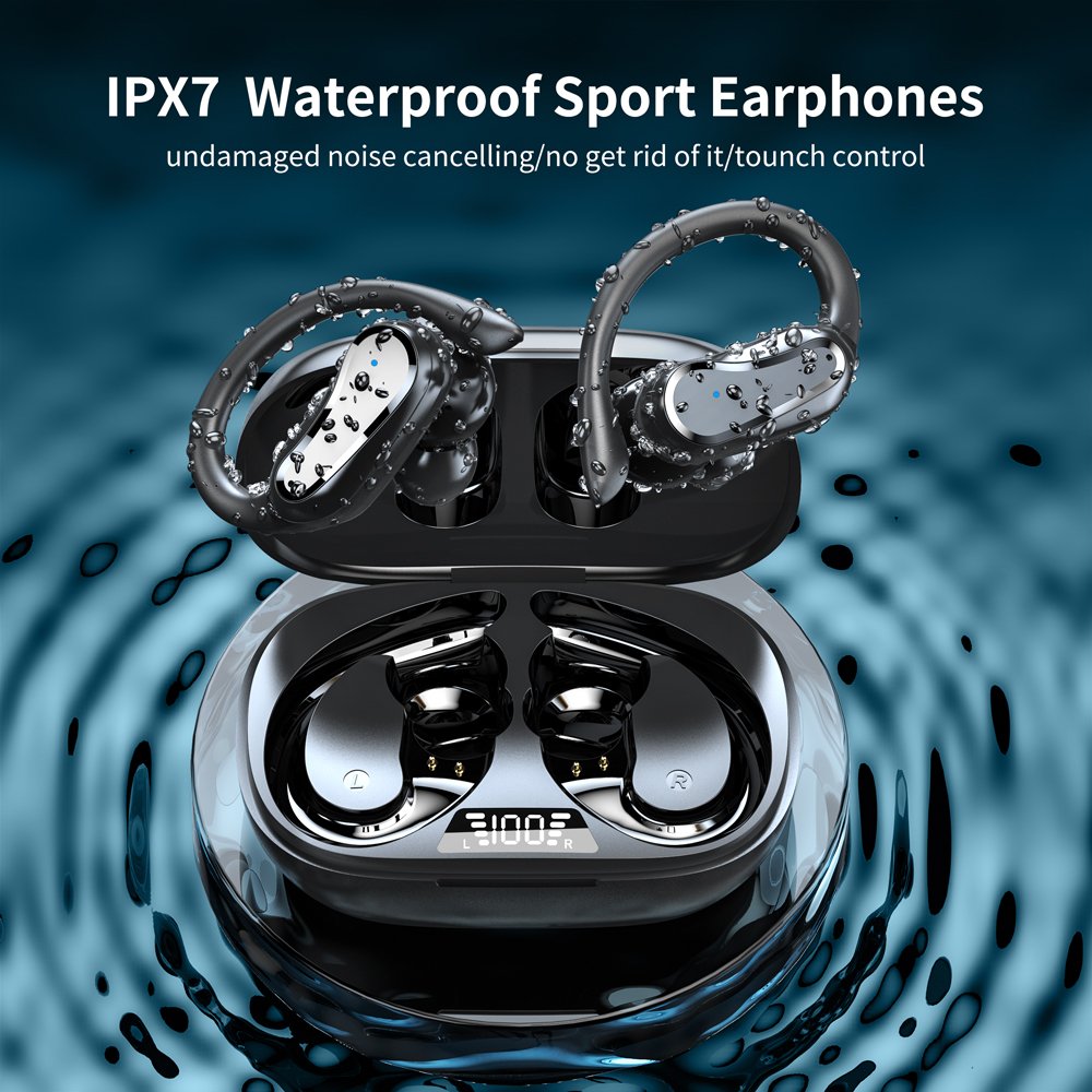 Wireless Earbuds Headphones Sport Earphones LED Display Over-Ear Buds with Earhooks Built-in Mic Headset