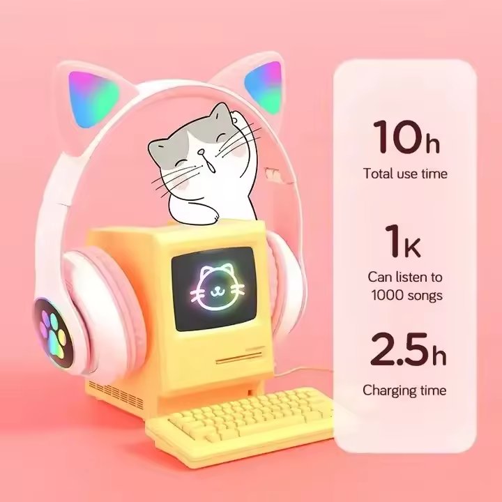 Cat Ears TWS Earphone Wireless Head-mounted LED light Headphone Headset for gaming