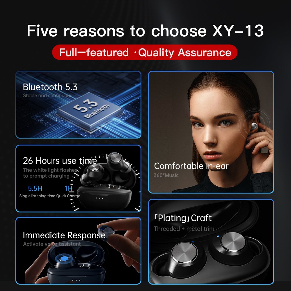 XY-13 Top Selling TWS Noise Cancelling Headphone HiFi Stereo Earbuds 26 Hour Wireless Earphone Bluetooth V5.3 Headphones