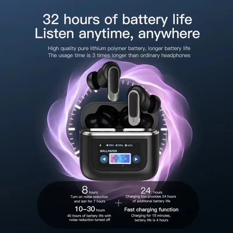 2024 New Shenzhen B2B Marketplace V8 LCD Touch Screen Music True Wireless Earphones Noise Cancelling Headphones