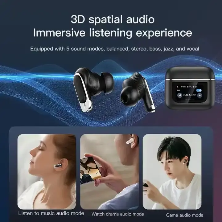 2024 New Shenzhen B2B Marketplace V8 LCD Touch Screen Music True Wireless Earphones Noise Cancelling Headphones