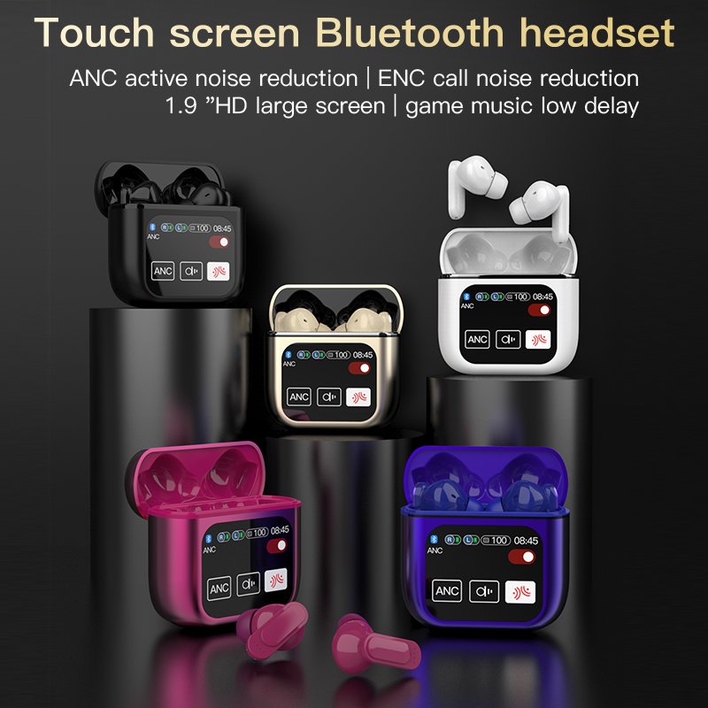 ANC and ENC Noise Canceling Earbuds with Smart Touch Screen TWS in Ear Earphones with Microphone