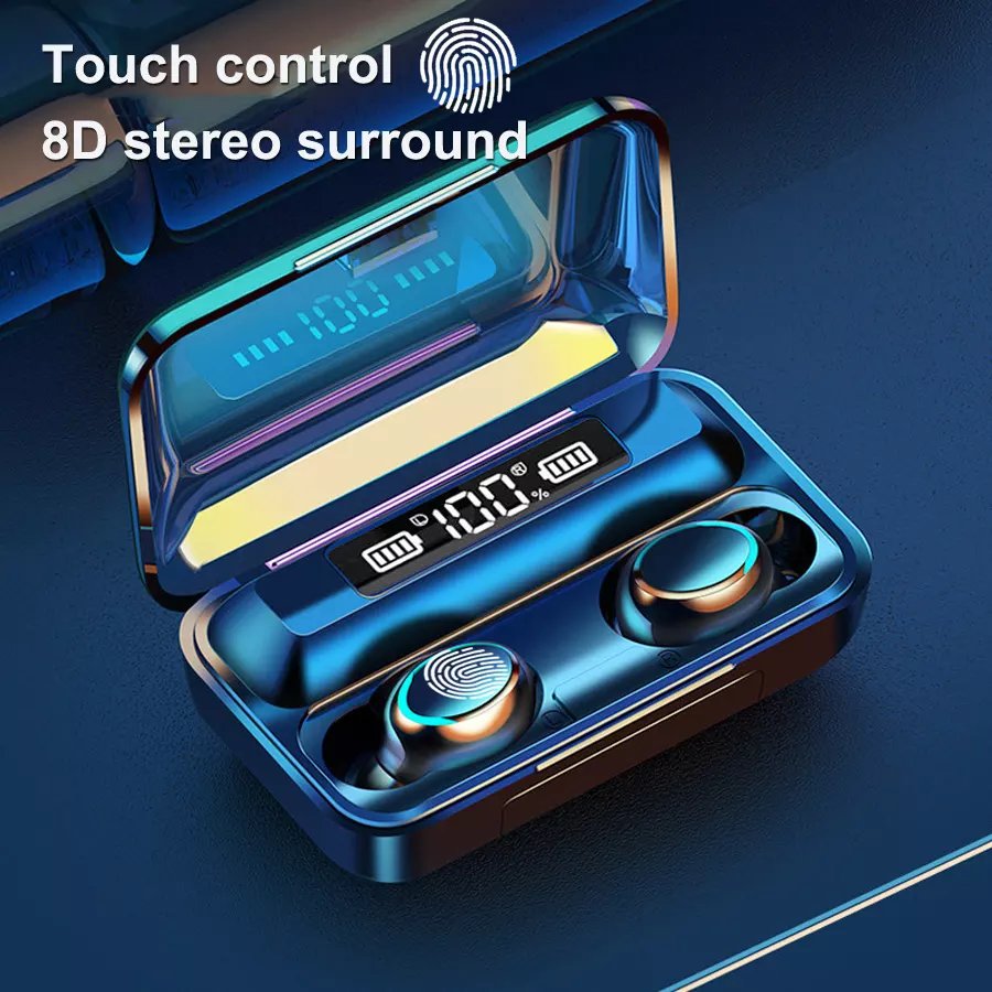 Wholesale high quality F9-5 sports earphones wireless stereo headset F9 with power bank case for mobile phone headphone F9 5