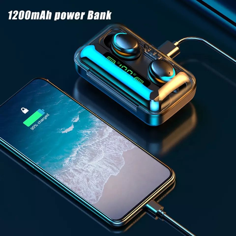 Wholesale high quality F9-5 sports earphones wireless stereo headset F9 with power bank case for mobile phone headphone F9 5