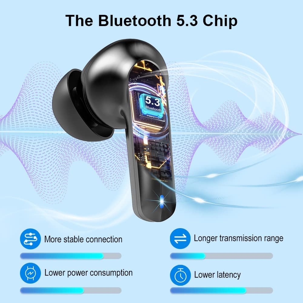 Bluetooth 5.3 Headphones Active Noise Canceling Wireless Earbuds 50 ms low latency in Ear Earphones for Work Commuting Gaming