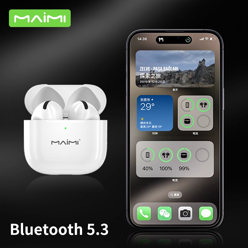 Maimi Custom Semi-in-ear Headset Non-noise cancelling tws earphones White Wireless Headphones High Quality Bluetooth Earbuds