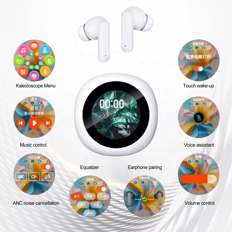 TWS Earbuds T65 Newest Round LCD Touch Screen ANC ENC True Wireless Earphones with Noise Cancelling Sport Earbuds BY-18