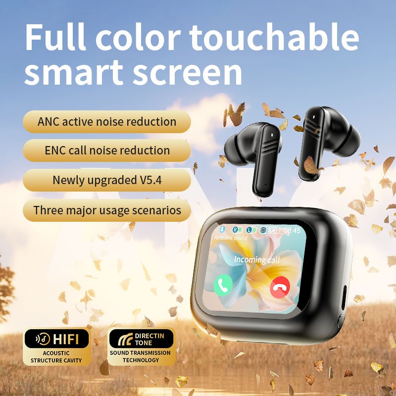 T69 Dual ANC ENC Call Noise Reduction Wireless Earphones V5.4 LED Full Color Touch Smart Screen HIFI HIFI Headphones Battery JL