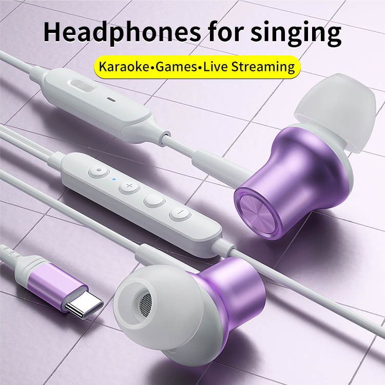 Type c Wired music earphones with microphone live broadcast k-song wired headphones in ear Volume Control game earbuds