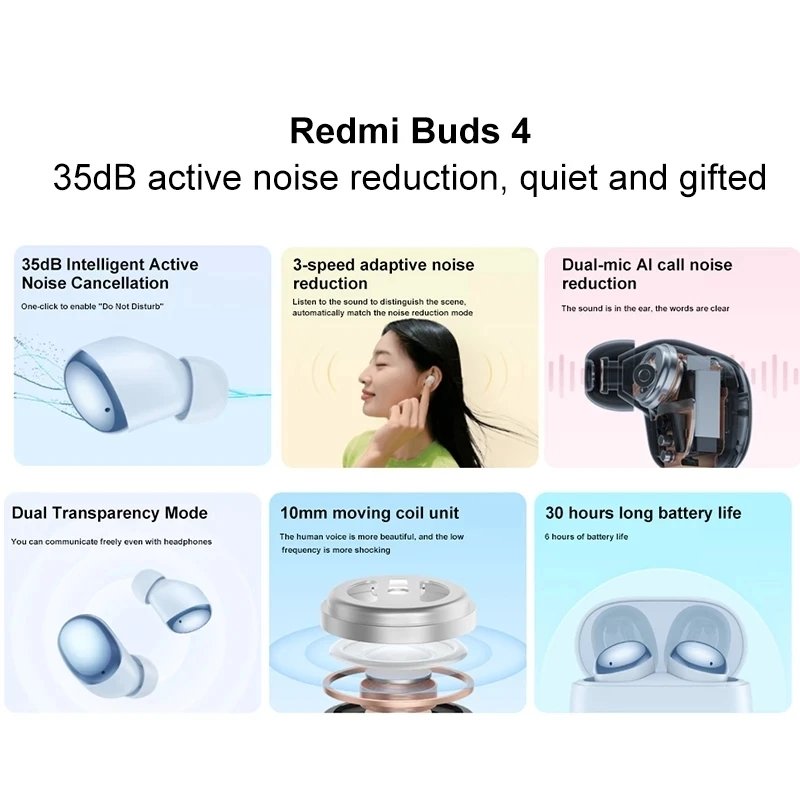 Mi Redmi Buds 4 TWS Earphone 35dB Active Noise Cancelling 2 Mic Wireless Headphone