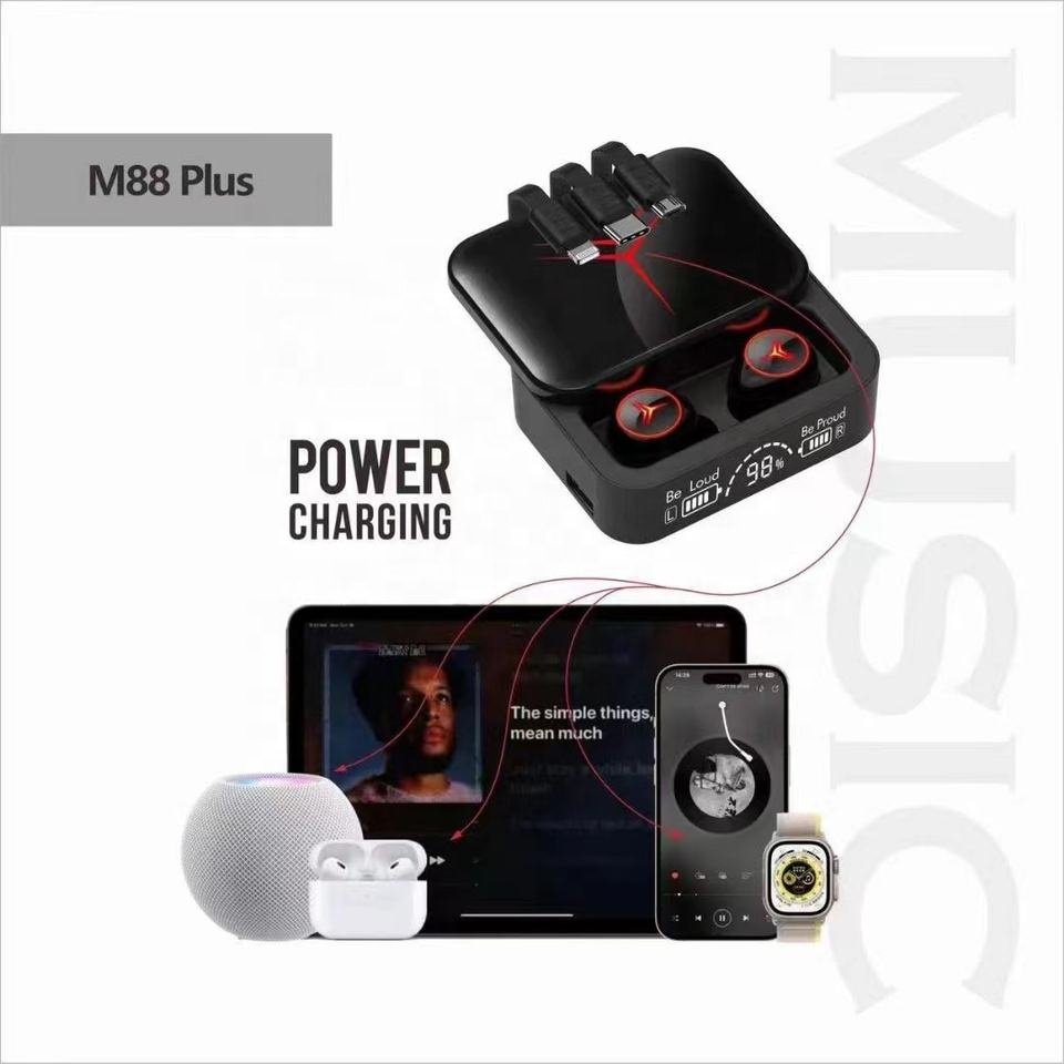 M88plus Wireless BT Earbuds In-ear BT5.3 Headphones with 3 Charge Cables Stereo Music Sports Earphone with 10000mah power bank