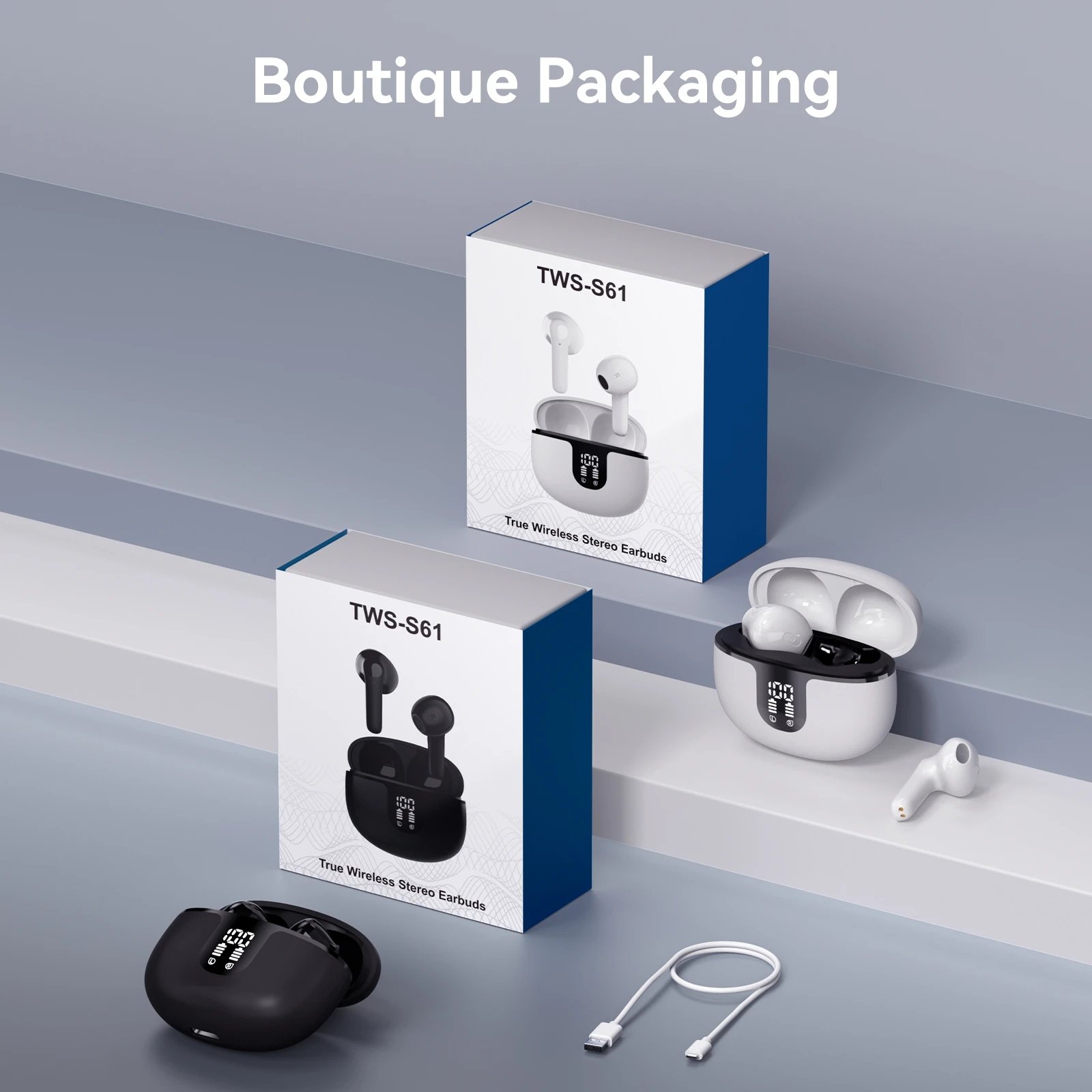 S61 TWS Wireless Bluetooth Headset Noise Cancelling Earphones HiFi Stereo Earbuds Headphones With Mic for All Smartphones