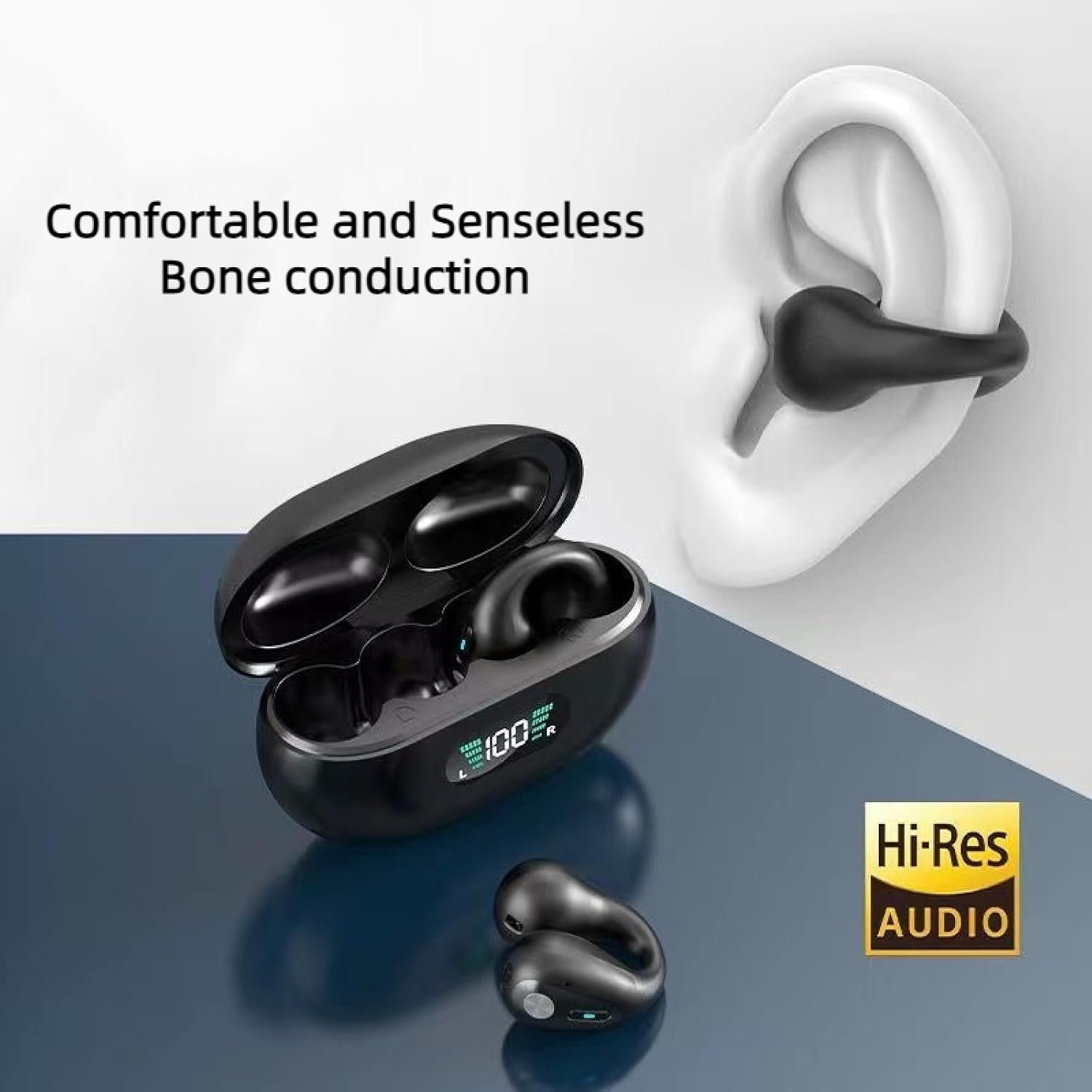 HiFi Stereo Sound Wireless Bluetooth Open Earbuds Clip on Bluetooth earplugs with LED Display and IPX7 Waterproof 36H Playtime