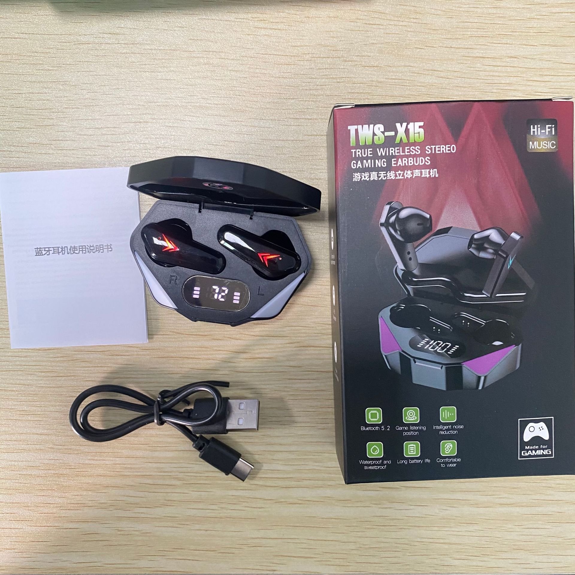 2022 hot selling X15 tws wireless game earbuds cool led breath light low latency hifi stereo sports in earbuds BT5.0