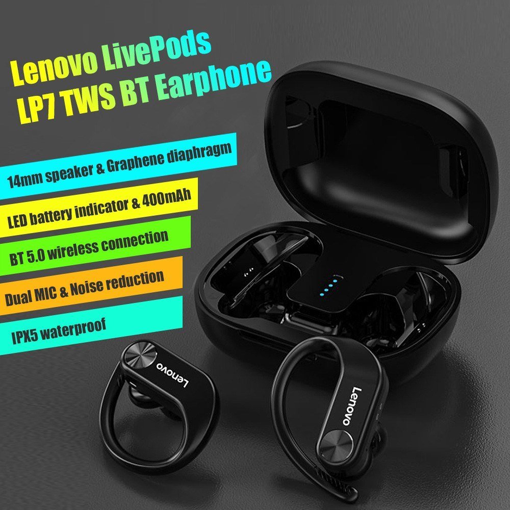 Lenovo LivePods LP7 TWS Ear-hook Headphones BT 5.0 Wireless Earphones with 14mm Driver/Noise Canceling MIC/IPX5 Waterproof/400mA