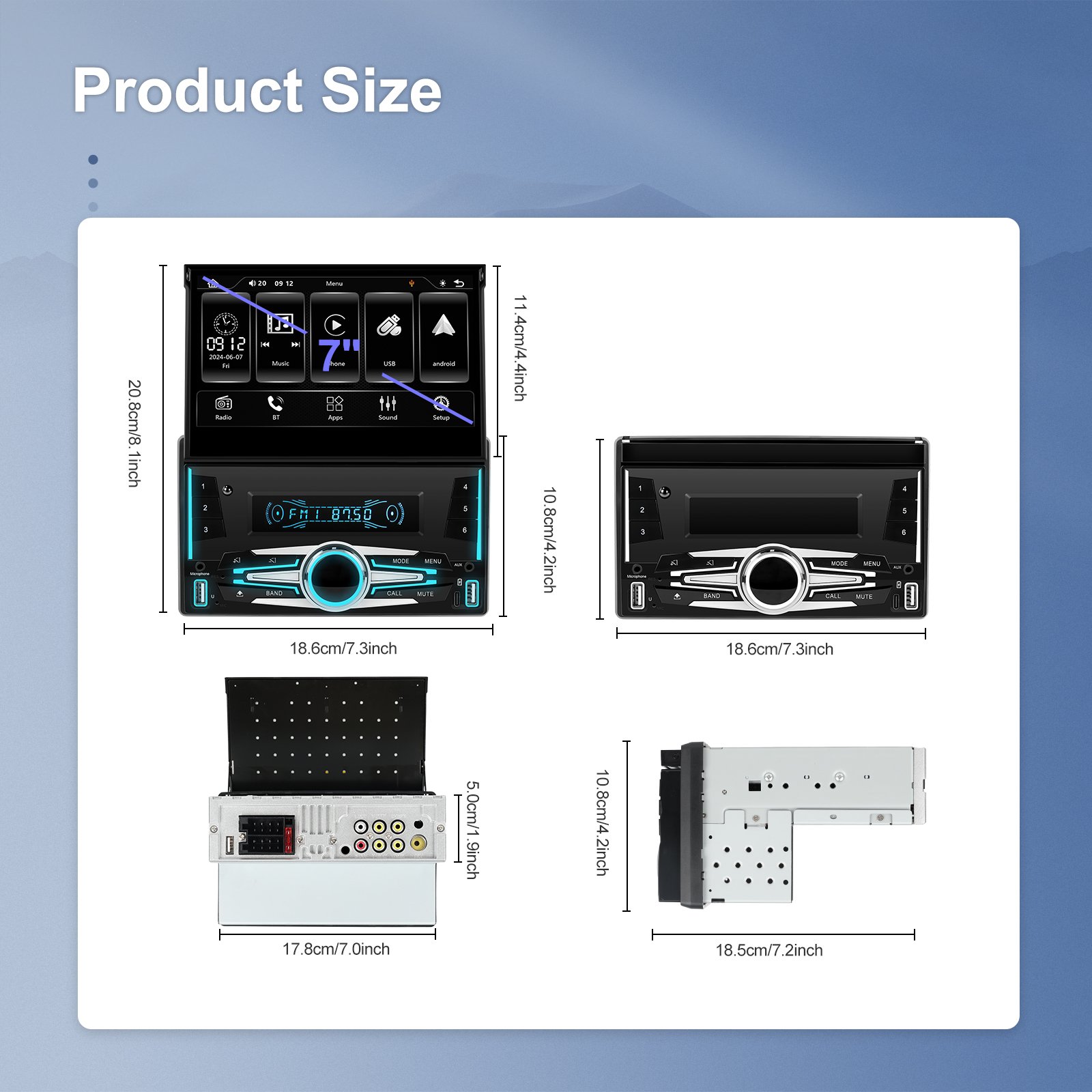 Podofo 2 Din Car MP5 Player Car Automatic Retractable Screen Stereo Wireless Carplay Android Auto 7 Inch Car Radio FM BT USB