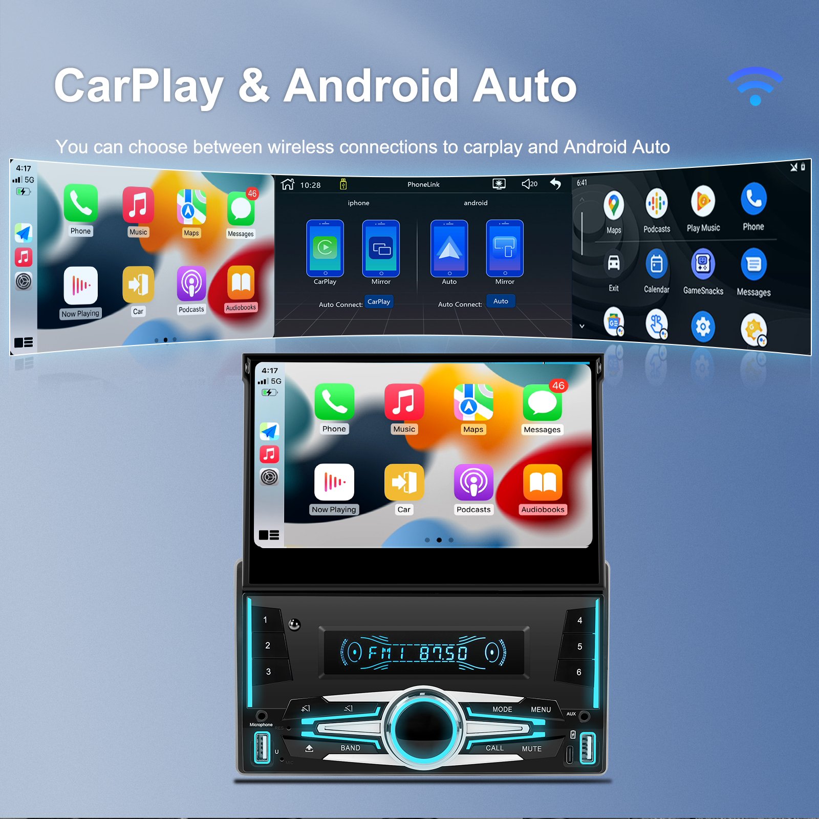 Podofo 2 Din Car MP5 Player Car Automatic Retractable Screen Stereo Wireless Carplay Android Auto 7 Inch Car Radio FM BT USB