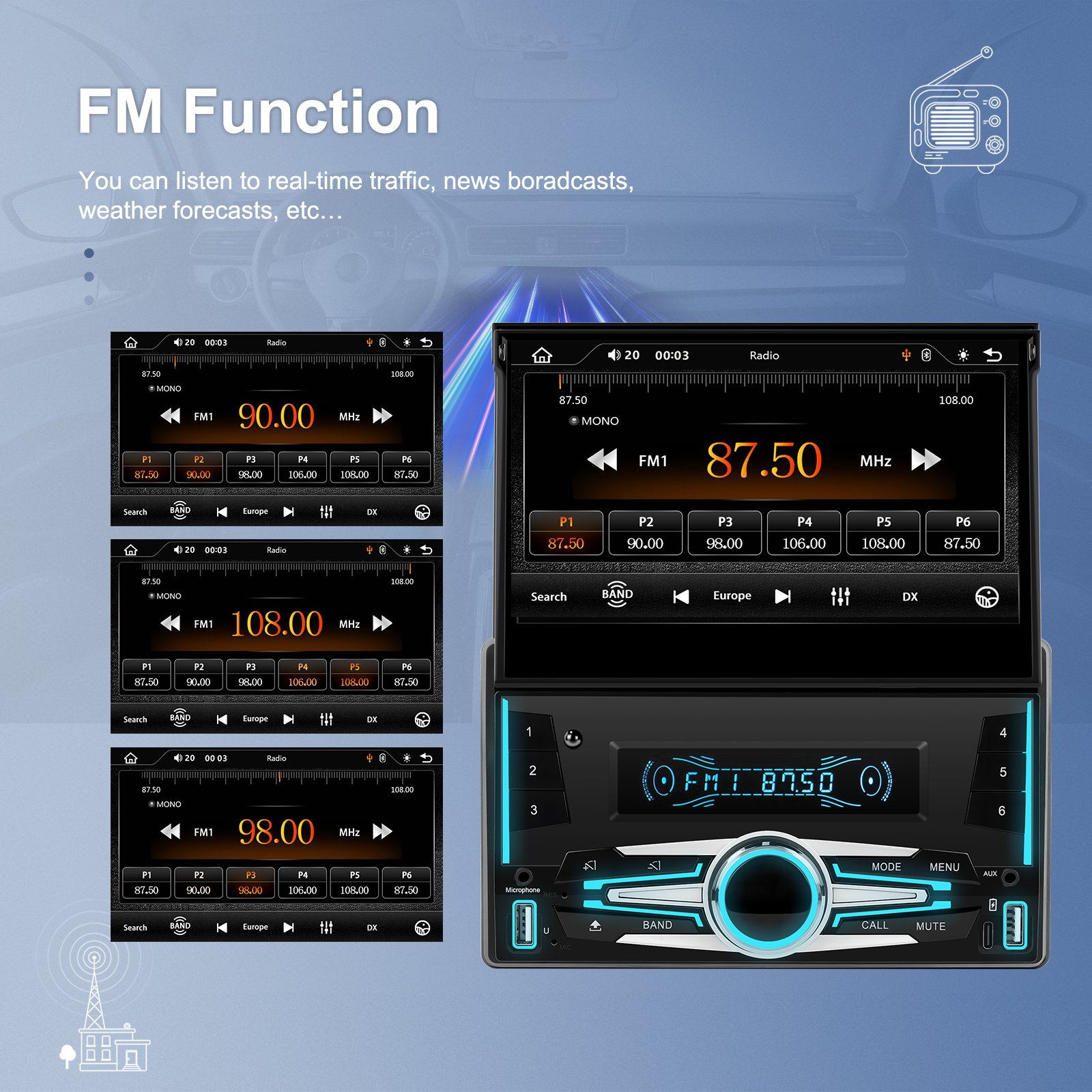 Podofo 2 Din Car MP5 Player Car Automatic Retractable Screen Stereo Wireless Carplay Android Auto 7 Inch Car Radio FM BT USB