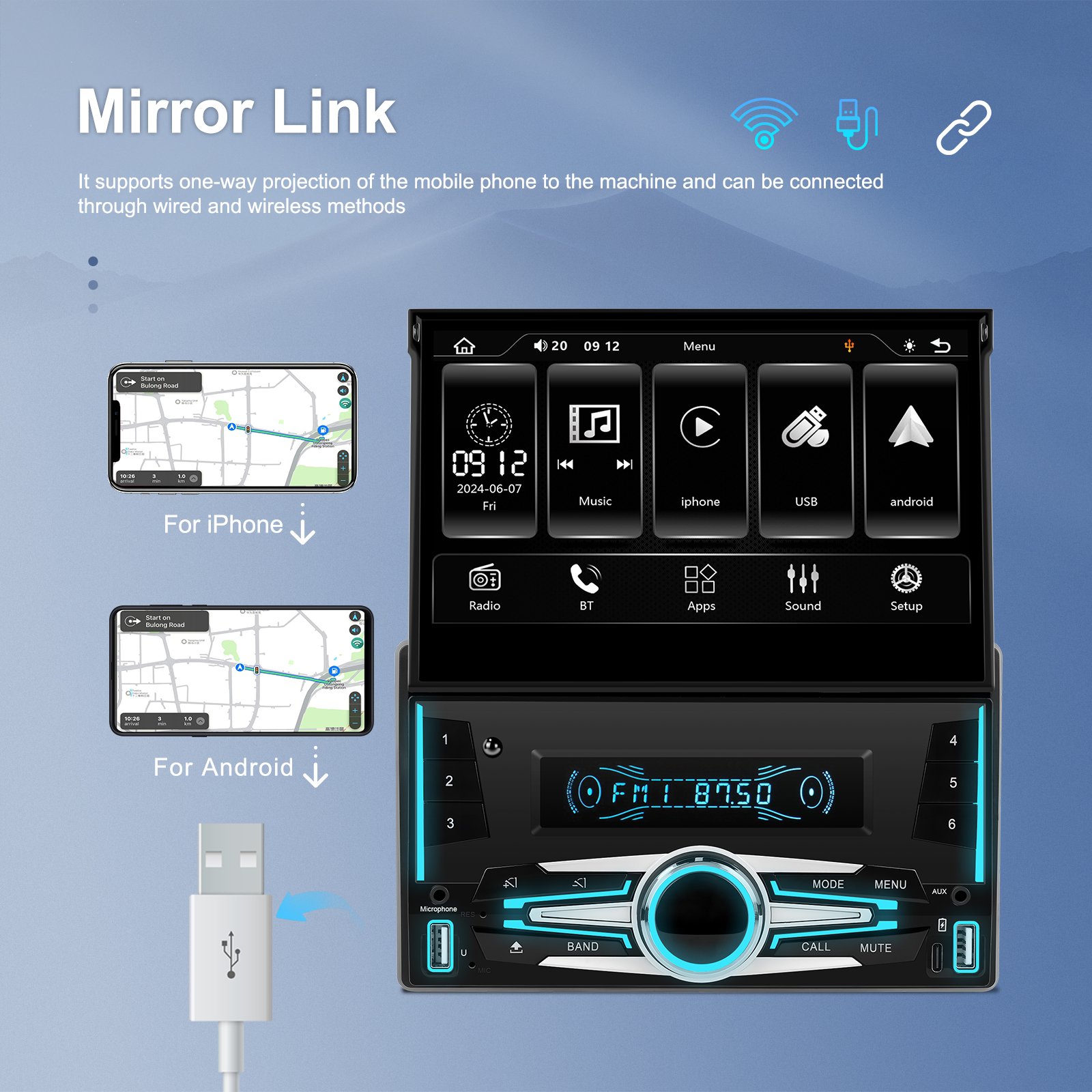 Podofo 2 Din Car MP5 Player Car Automatic Retractable Screen Stereo Wireless Carplay Android Auto 7 Inch Car Radio FM BT USB