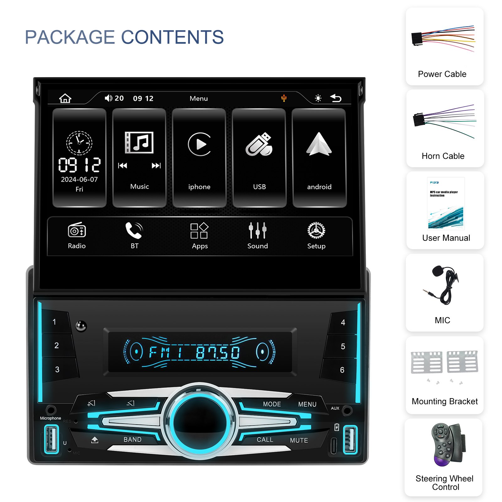 Podofo 2 Din Car MP5 Player Car Automatic Retractable Screen Stereo Wireless Carplay Android Auto 7 Inch Car Radio FM BT USB