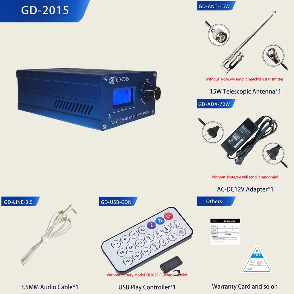 GD-2015-ALL 15W Wireless Broadcast FM Radio Station Radio Broadcast Transmitter QN chip Q9 76-108Mhz