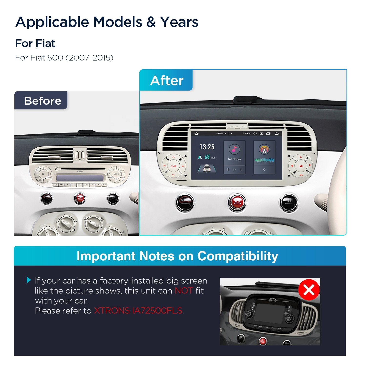 XTRONS 7" 1Din Android 13 Octa Core Car Radio For Fiat 500 2007-2015 Carplay Android Auto 4G LTE Car Android Screen