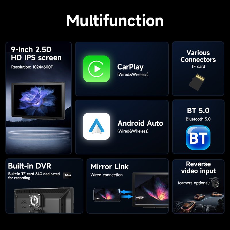 9 Inch Touch Screen CarPlay Android Auto Wireless CarPlay Car Radio Portable Car Radio Carplay Screen Audio MP5 Player DVR