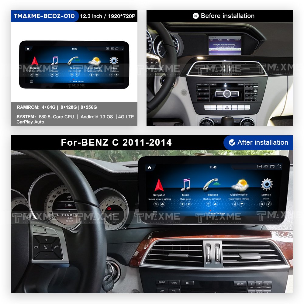 Maisimei factory hot sale 12.3inch car stereo dvd radio for-Mercedes-Benz C-class 2011-2014 LHD car touch screen GPS carplay