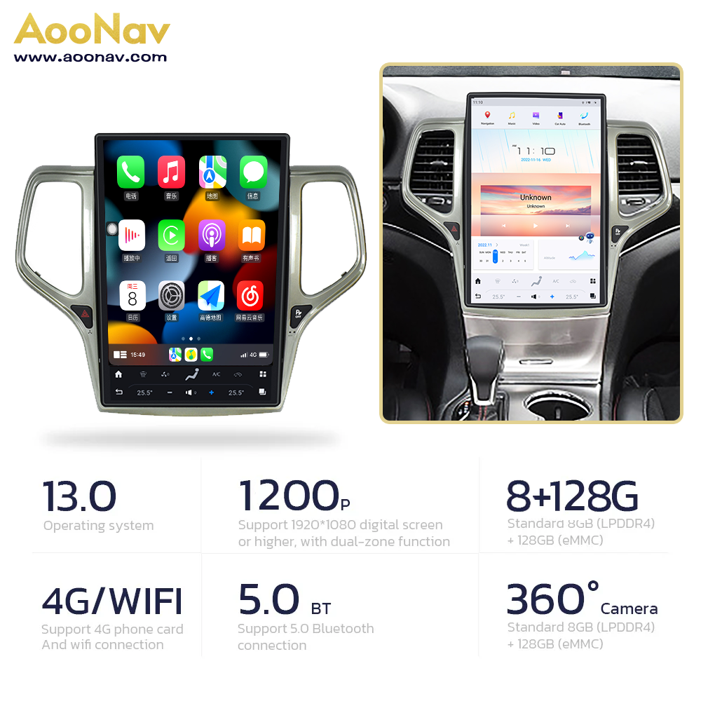 AOONAV 14.4" GPS Navigation Carplay Car Radio Touch Stereo Screen Multimedia Player For Jeep Grand Cherokee 2014-2020 Head Unit