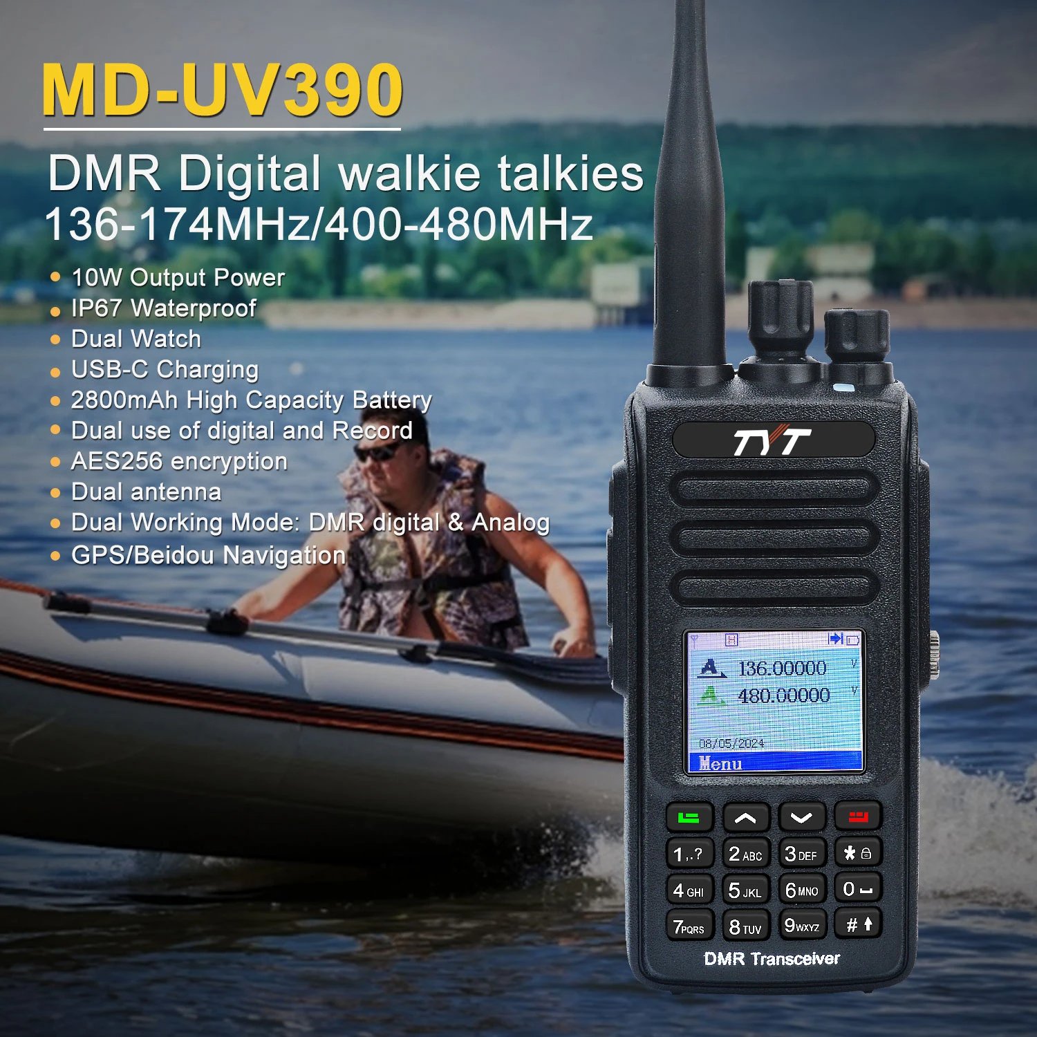 TYT New MD-UV390 Plus 10W AES256 Encryption Walkie Talkie GPS Optional IP67 Waterproof Dual Band Digital DMR Two Way Radio