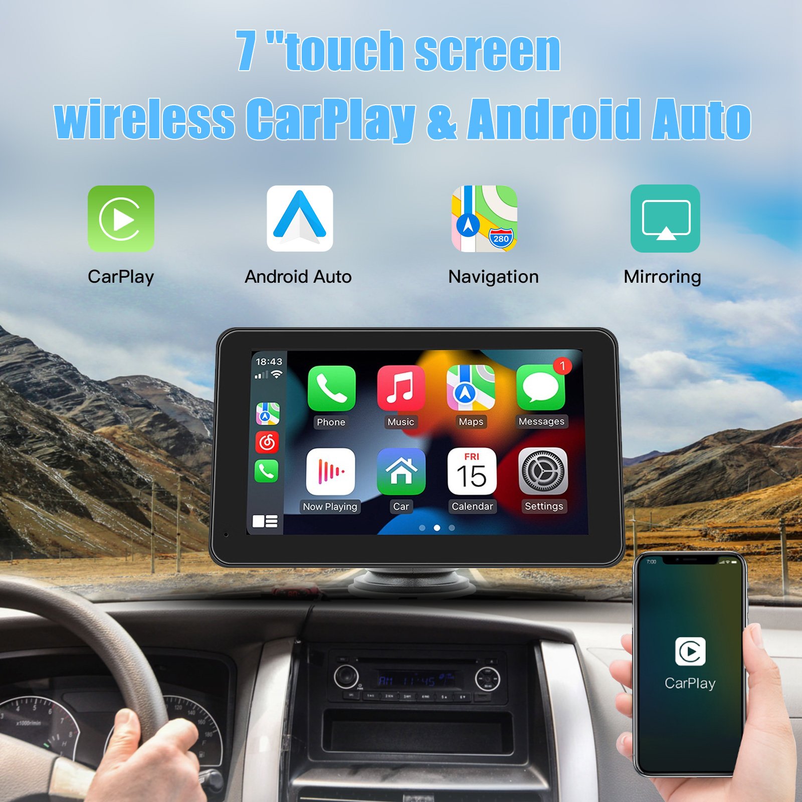 CARABC Wireless Android Auto Airplay Mirror Universal Portable Car Radio 7 Inch Ips Screen touch screen car radio