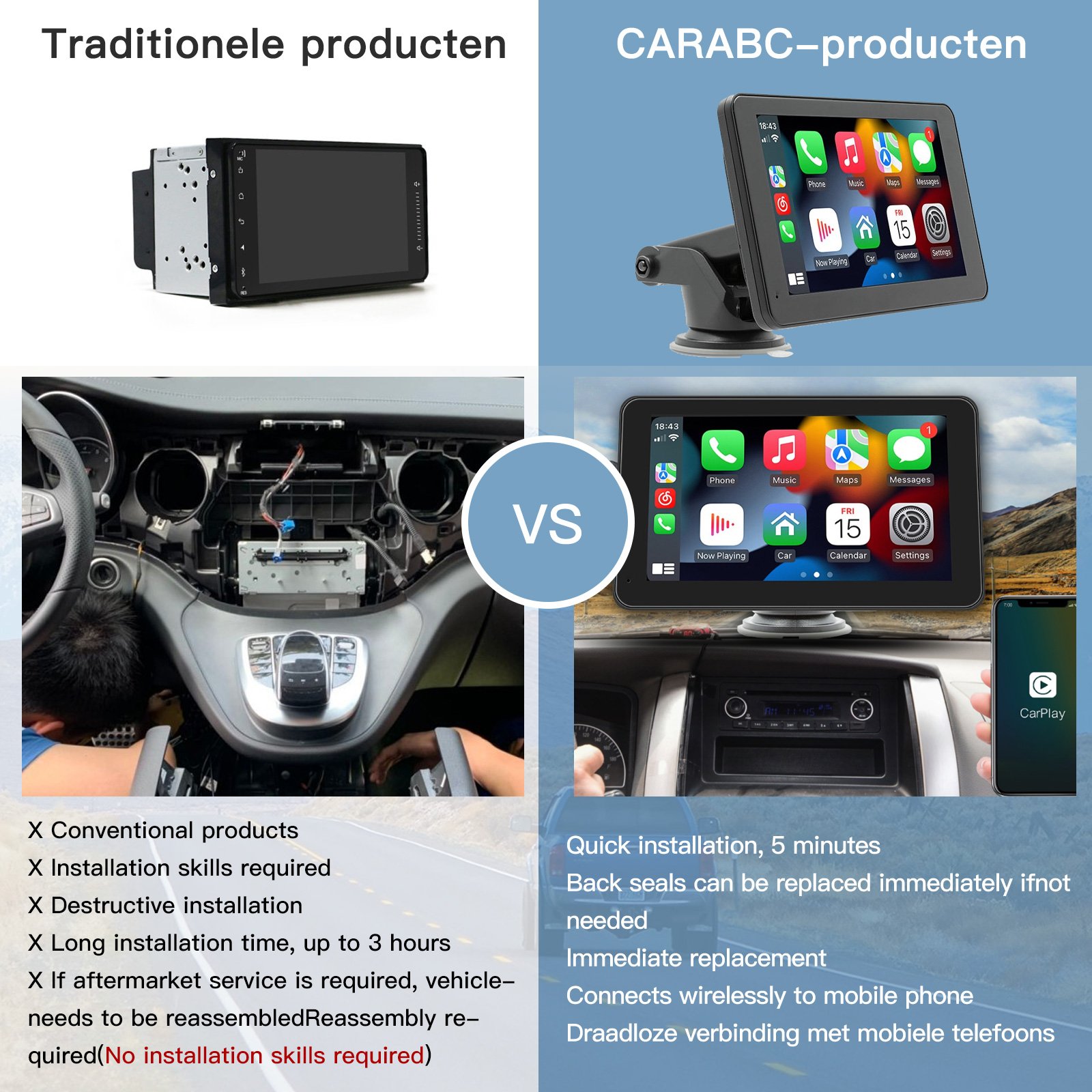 CARABC Wireless Android Auto Airplay Mirror Universal Portable Car Radio 7 Inch Ips Screen touch screen car radio