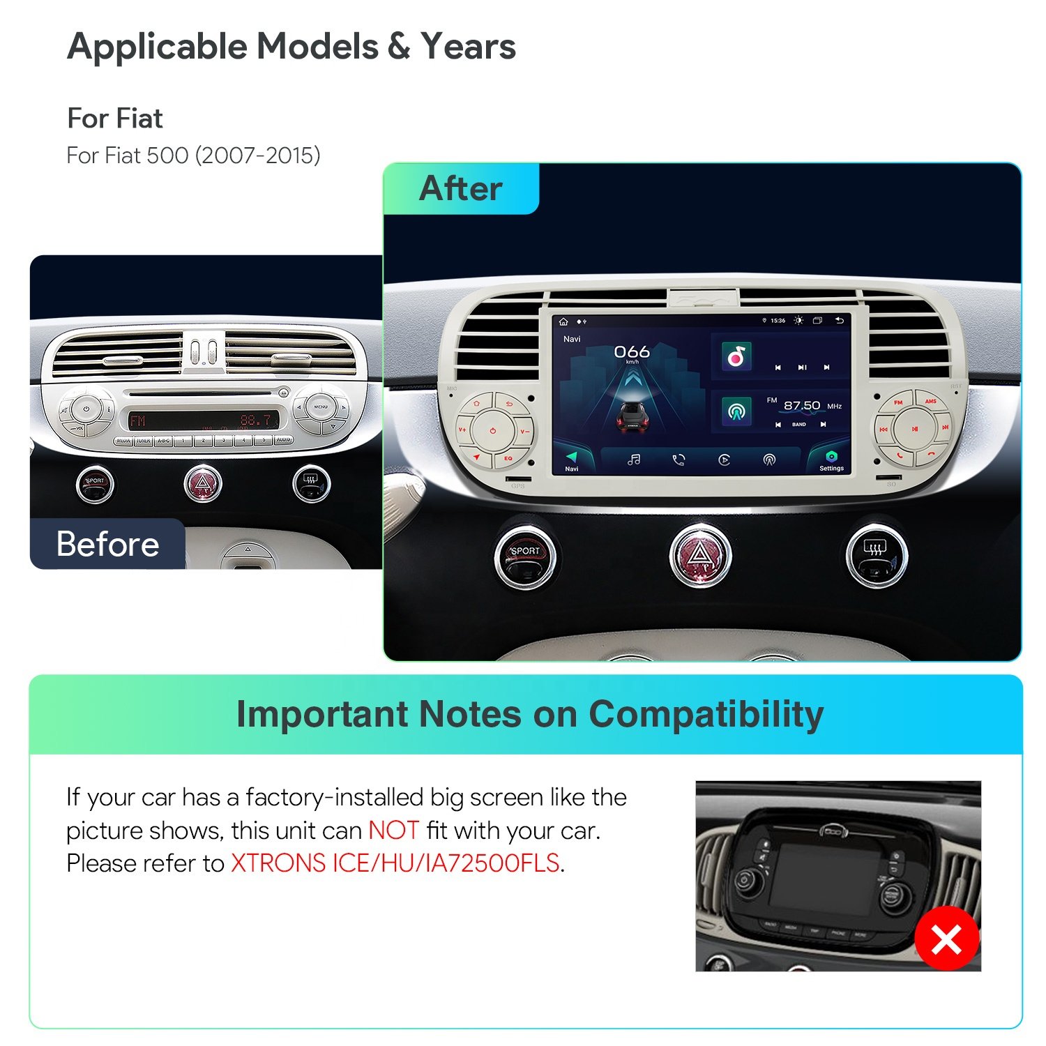 XTRONS 7" Android 13 Car Radio For Fiat 500 2007-2015 Android Auto Radio Carplay 4G LTE DSP 4+64G Car MP3 Player Navigation GPS