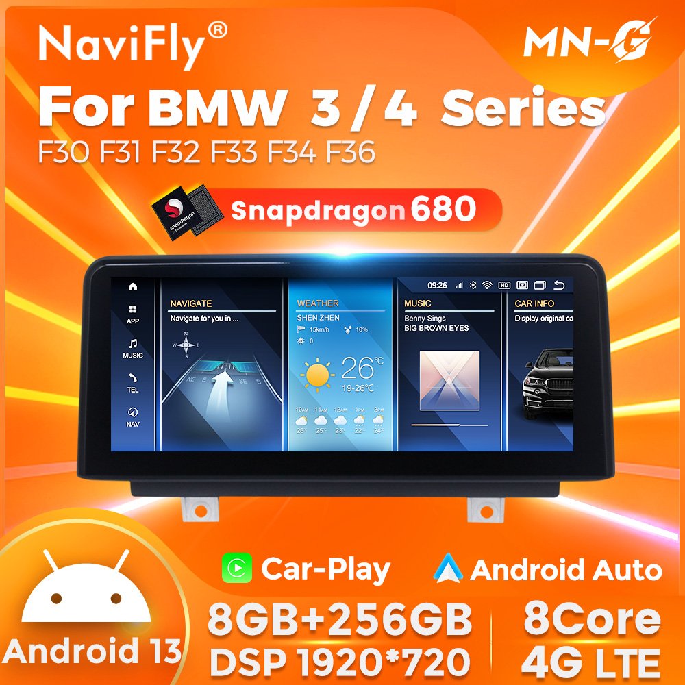 NaviFly Snapdragon 680 Android 13 1920*720 Car GPS Navigation For BMW 3 4 Series 2013-2017 F30 NBT Car play Car Radio WIFI BT5.0