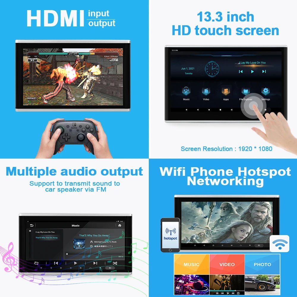 Jmance 11.6 inch Car TV Headrest Monitor 4K 1080P Touch Screen Automobile Rear Seat Video Player FM BT Display Autoradio