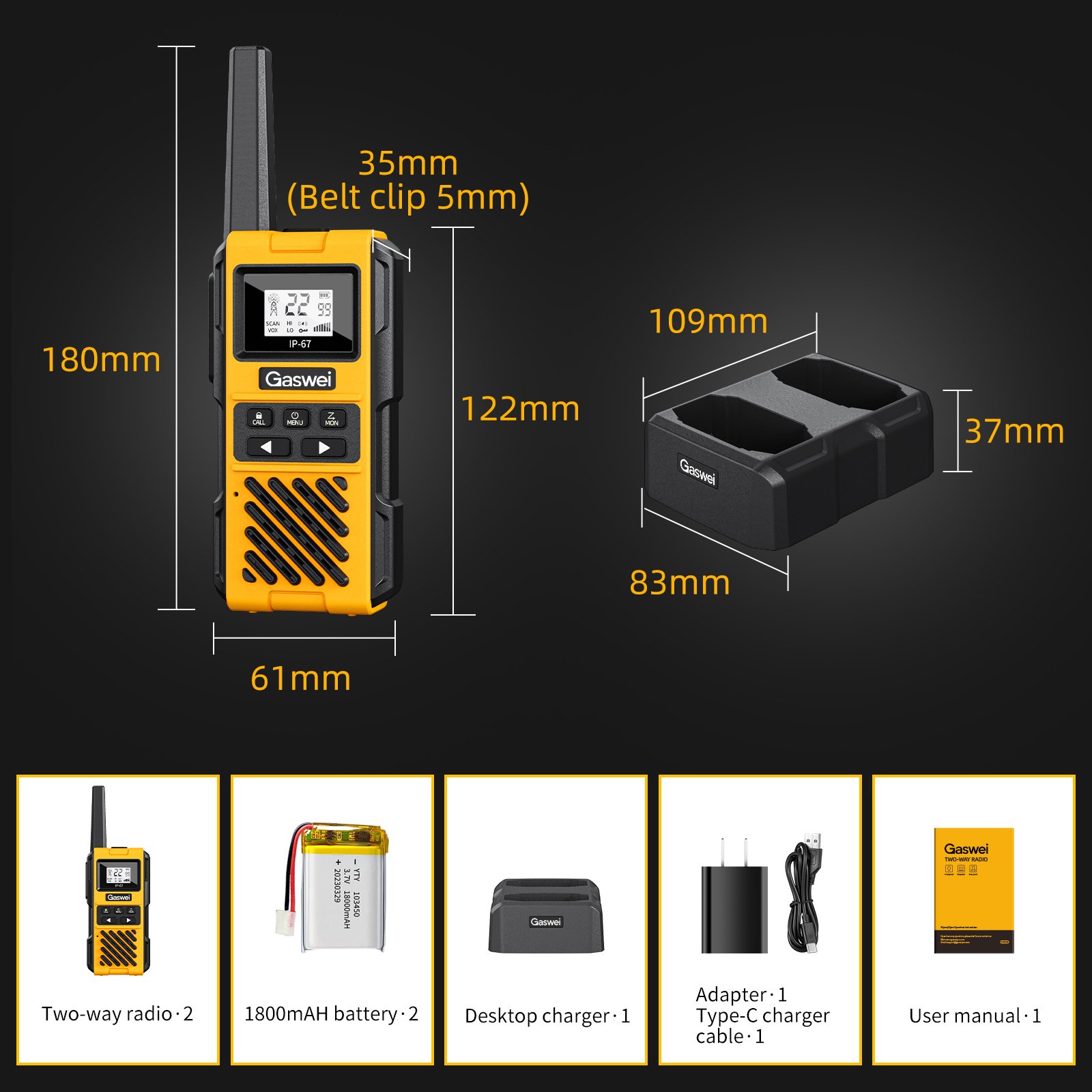 Long Range Rechargeable Two Way Radio with VOX Long Range for Job Site Shock Resistant IP67 Waterproof Walkie Talkies