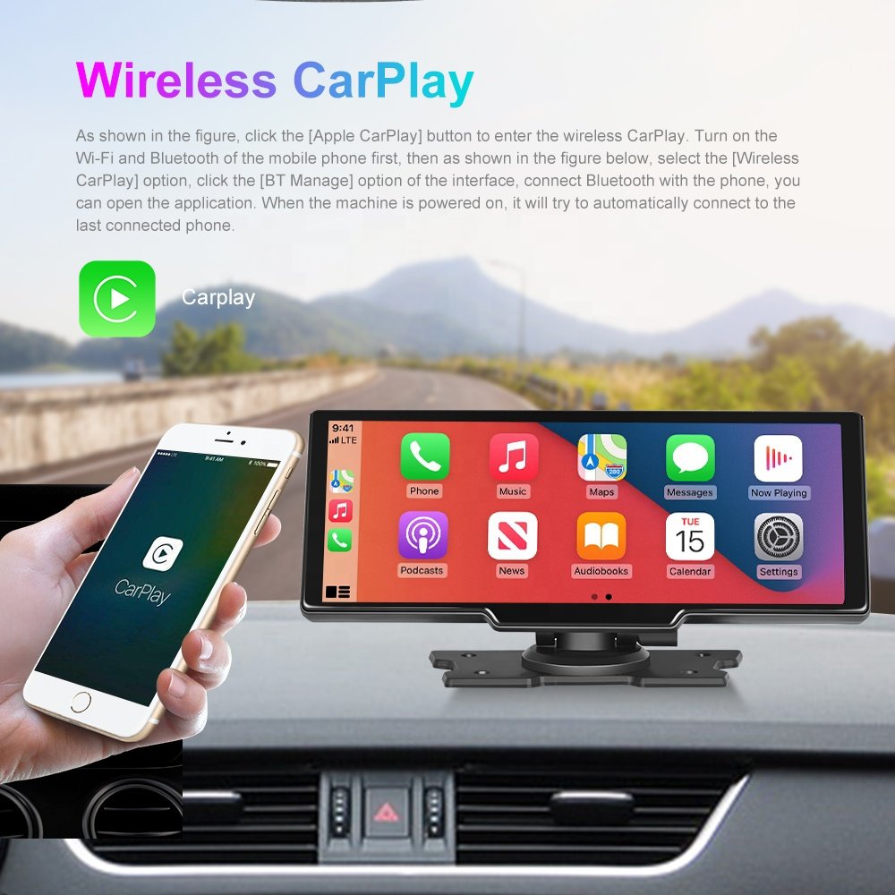 Podofo Portable CarPlay Screen 9.3" Car Radio Stereo Dash Cam DVR Android Auto BT Car Video Recorder Monitor with Front Camera