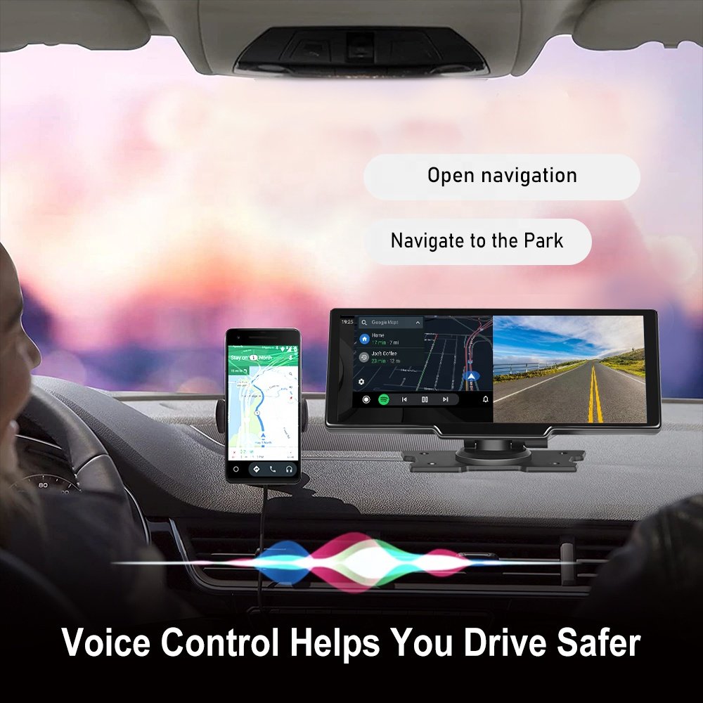 Podofo Portable CarPlay Screen 9.3" Car Radio Stereo Dash Cam DVR Android Auto BT Car Video Recorder Monitor with Front Camera