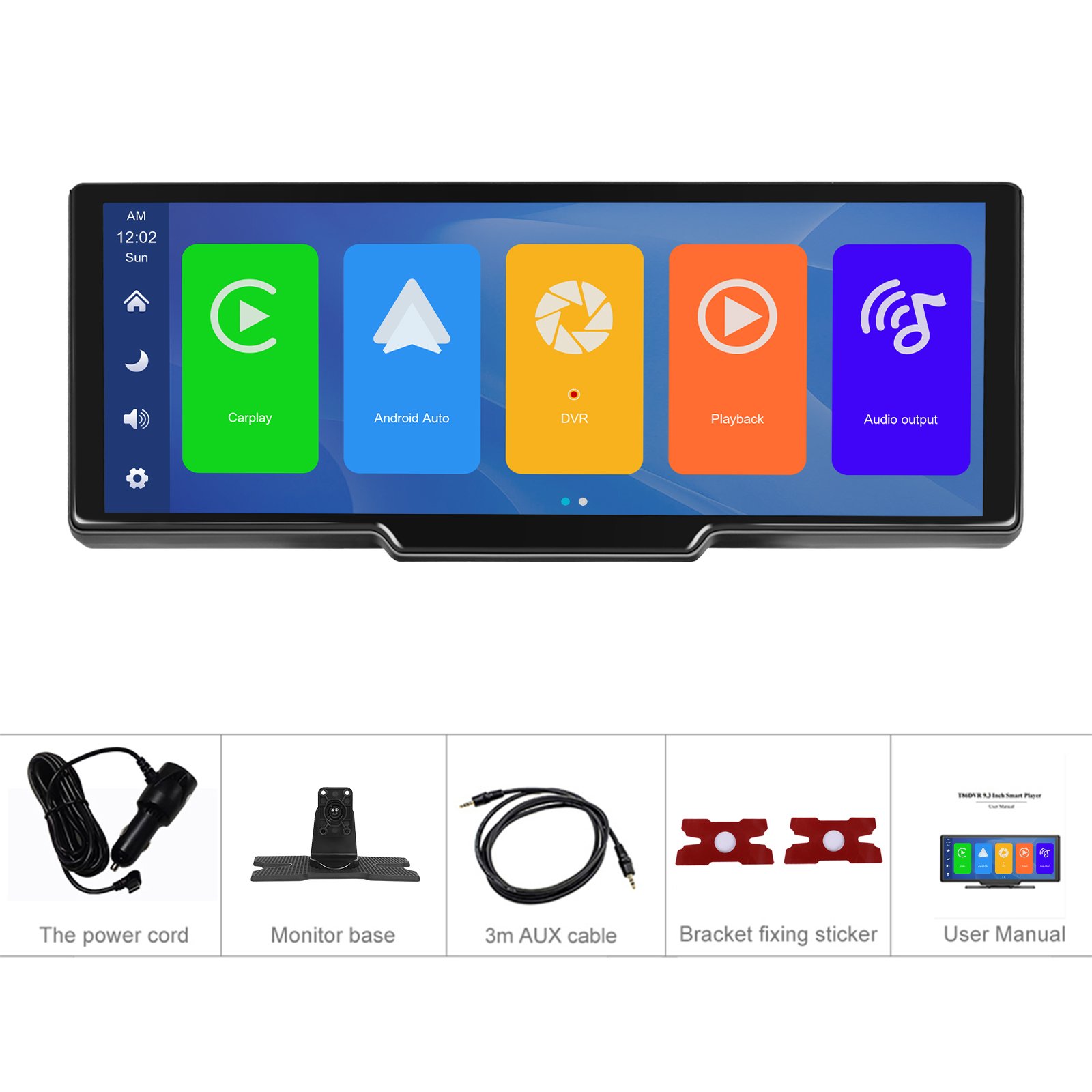 Podofo Portable CarPlay Screen 9.3" Car Radio Stereo Dash Cam DVR Android Auto BT Car Video Recorder Monitor with Front Camera