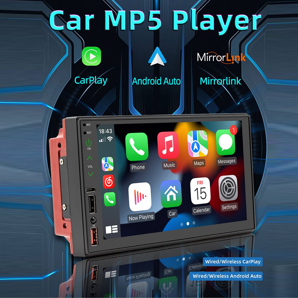 TOPNAVI 7 Inch Car Audio MP5 Player Dashboard Stereo with Carplay Android Auto Function 1 Year Warranty