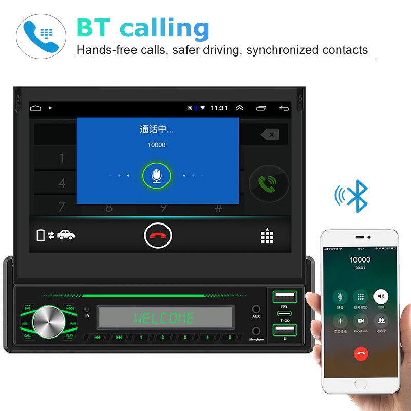 1Din Android Car Radio 7'' Retractable Touch Screen GPS Wifi Autoradio Intelligent Bluetooth Car Player