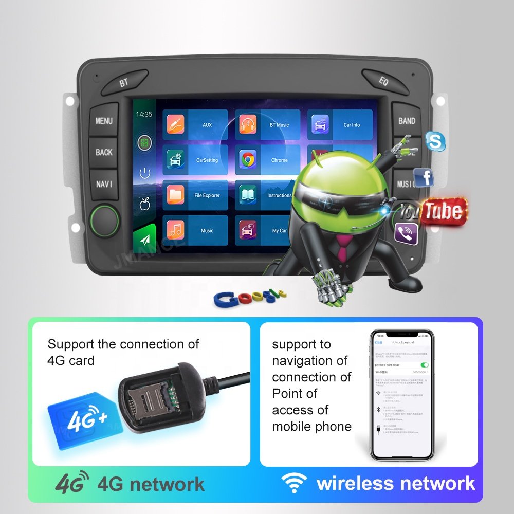 7inch 1024*600 Qled Android 10 System 2 Din Car Stereo Carplay Multimedia Player For Mercedes Benz CLK-W209 1998-2004