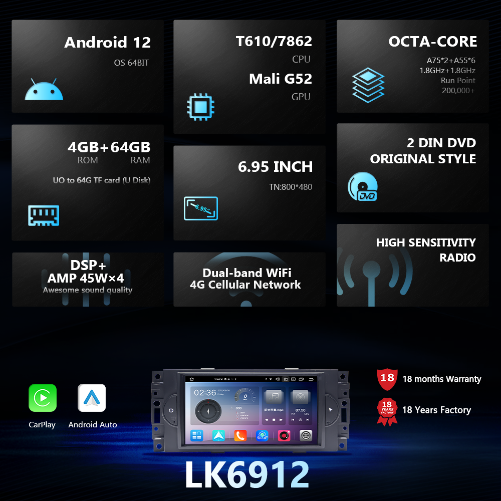 6.95" 7862 Android13.0 Octa-core 8+128G Car Radio built-in WiFi 4G DSP CarPlay AndroidAuto for CHRYSLER 300C Cruiser Jeep Dodge