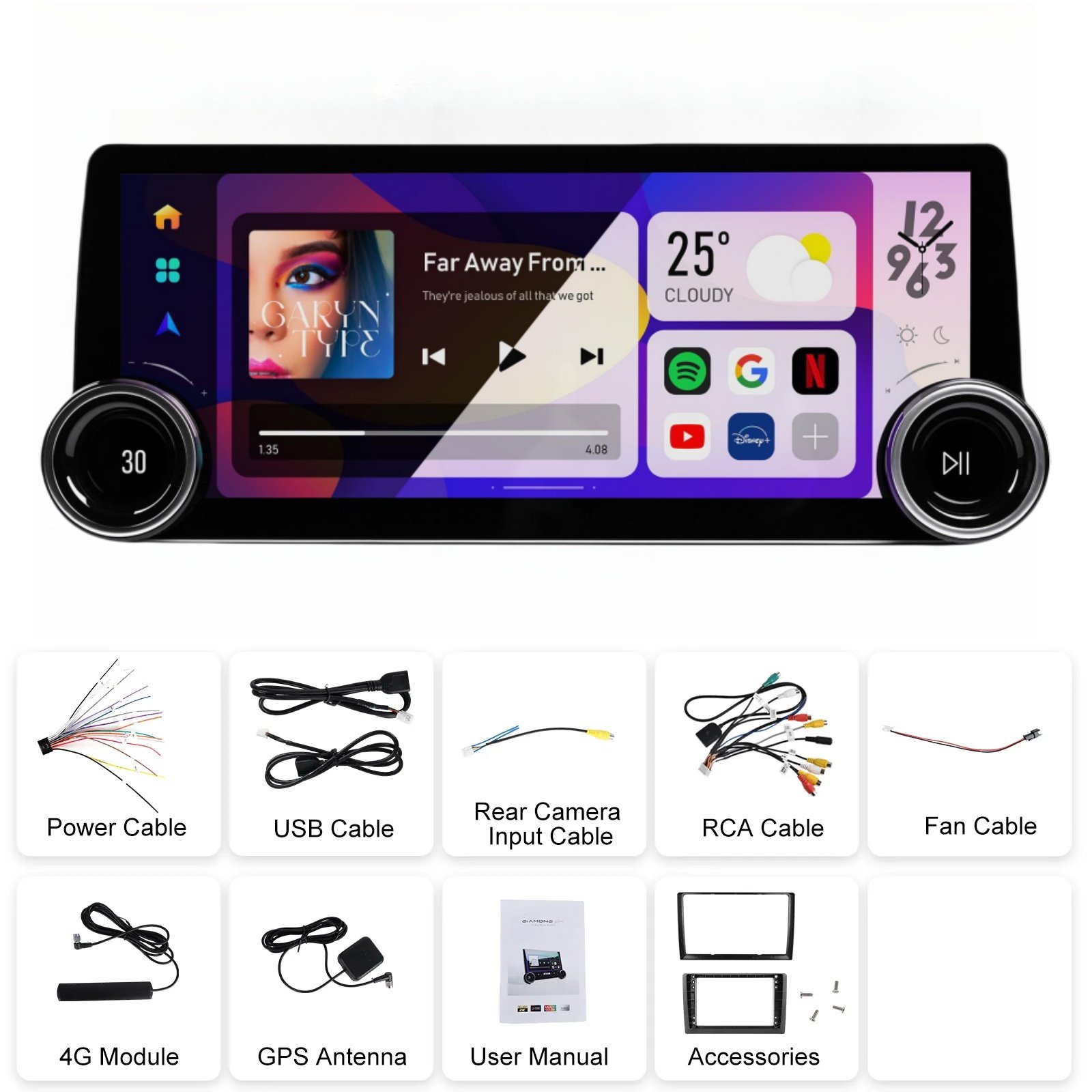 12.3 Inch 2 Din Dual Knobs Portable Screen Stereo Android Carplay Radio Car Dvd Player