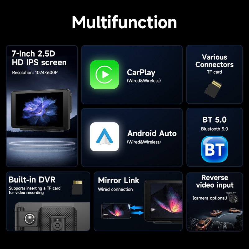 7 Inch 2.5D Touch Screen Car Stereo HD IPS Wireless Carplay Rearview Android Auto Mirror Link Portable Car Radio